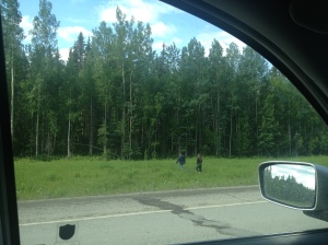 John and Lydian walking through the ditch in the Yukon Territory.